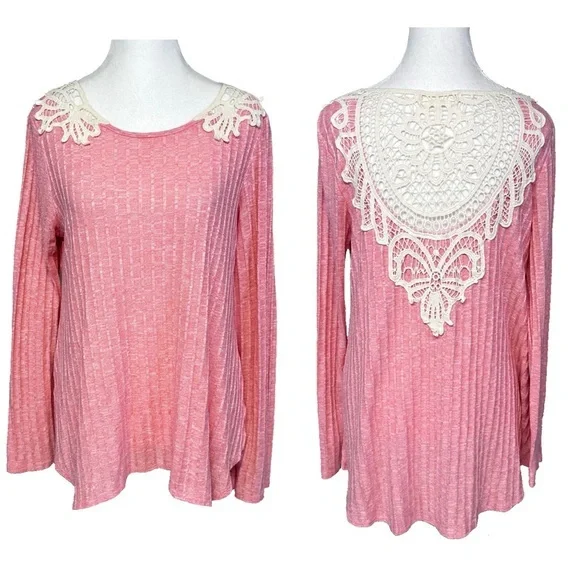 Rewind Heathered Pink Ribbed Crochet Lace Back Long Sleeve Top Size XL Coquette - Picture 1 of 9